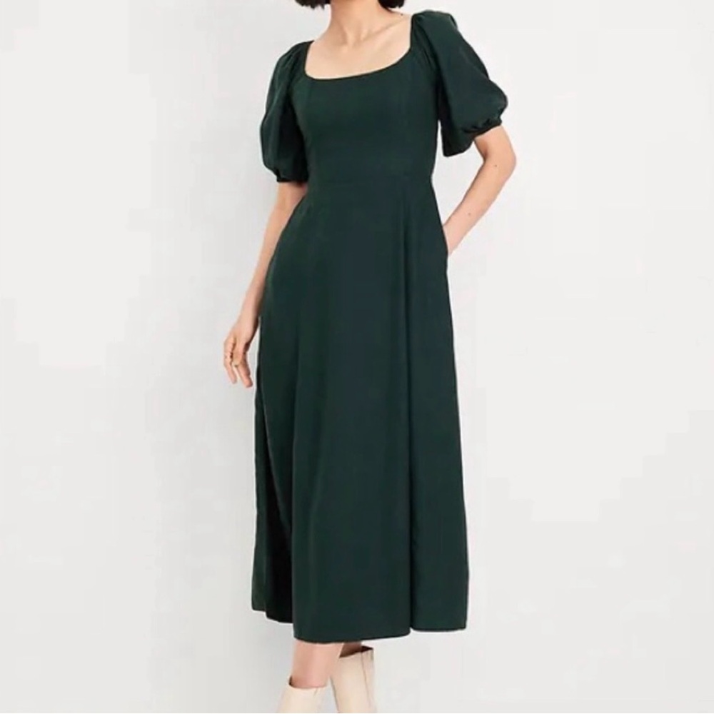 Old Navy Dark Green Midi Dress with Puff Sleeves